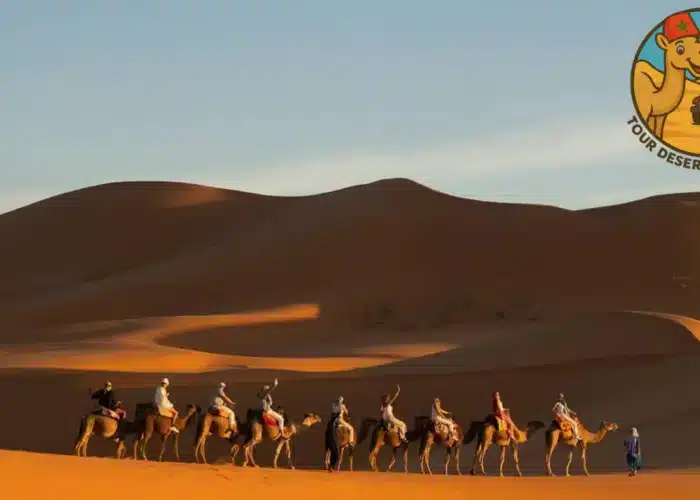 7 giorni in Marocco: tramonto sulle dune di Erg Chebbi con cammelli e cielo colorato