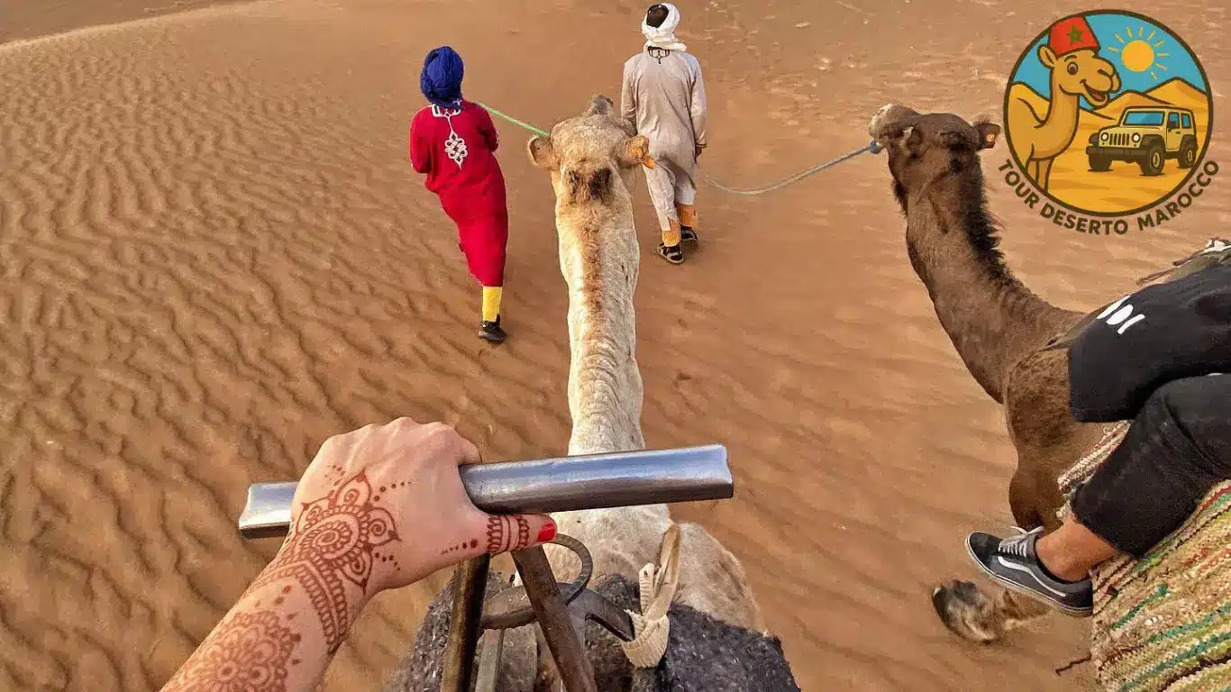 Esperienza nel Deserto del Sahara – Tour Deserto 3 Giorni da Fes a Marrakech Viaggiatori che ammirano il tramonto nel Deserto del Sahara durante il Tour Deserto 3 Giorni da Fes a Marrakech, con cammelli e dune dorate sullo sfondo.