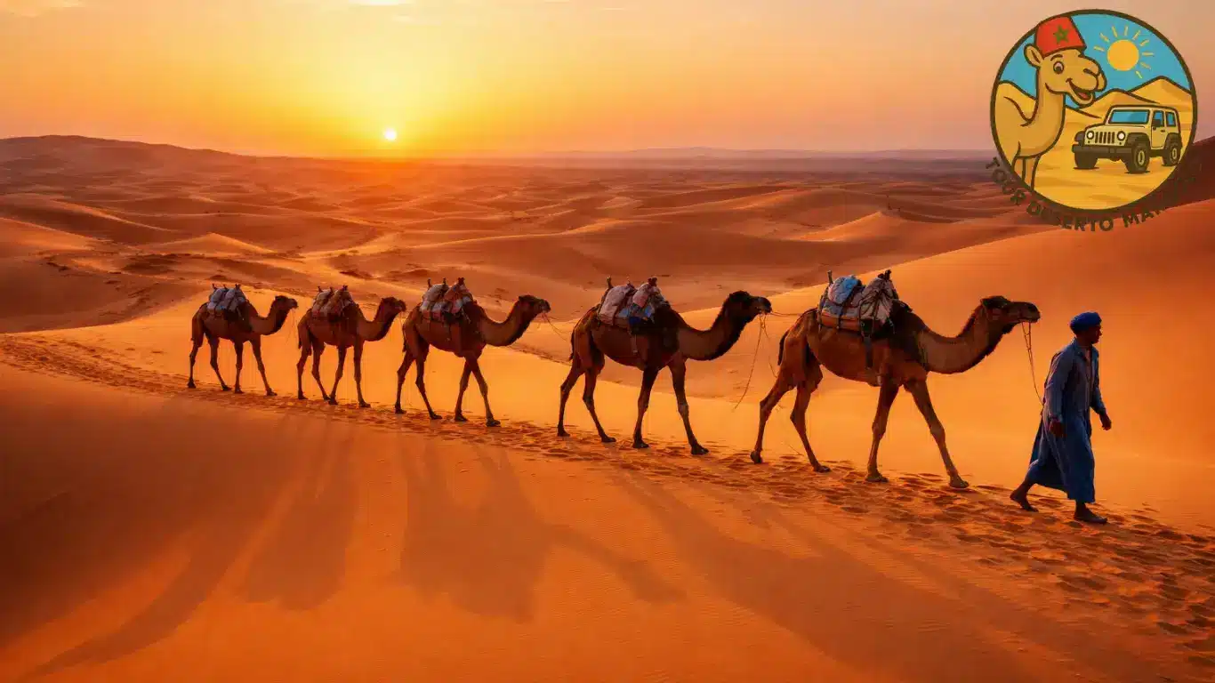 Itinerario-del-tour-4-giorni-da-Marrakech-a-Fes.webp Tour 4 giorni da Marrakech a Fes – Carovana di cammelli guidata da un berbero attraverso le dune dorate dell’Erg Chebbi al tramonto nel deserto del Sahara