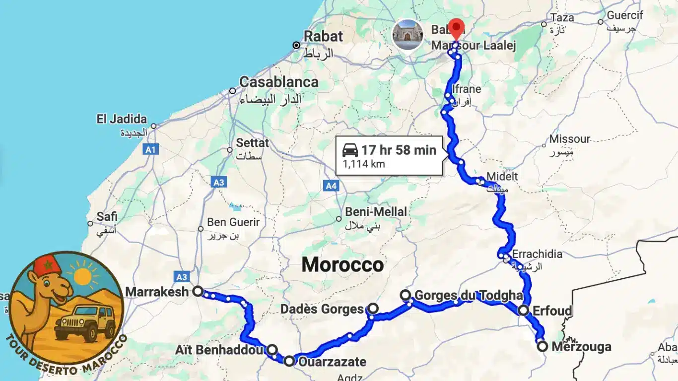 Mappa Tour Deserto Marrakech Fes 3 Giorni Mappa del tour di 3 giorni da Marrakech a Fes con tappe ad Ait Ben Haddou, Ouarzazate, Gole del Dades, Gole del Todra e deserto del Sahara di Merzouga